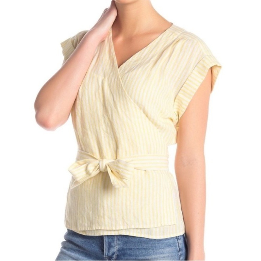 FRAME Golden‎ Haze Multi Striped Linen Wrap Top Yellow White Size Small